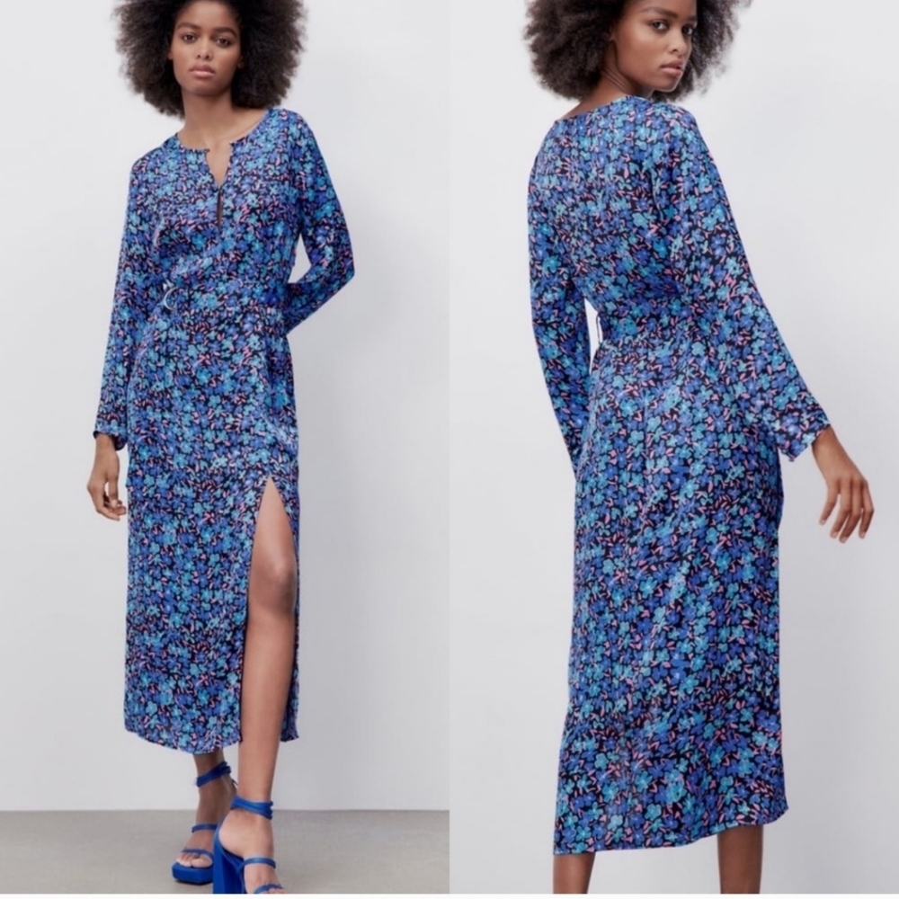 Zara Floral Blue Satin Maxi Dress Long Sleeves Size Zip Side Slit Size Large
